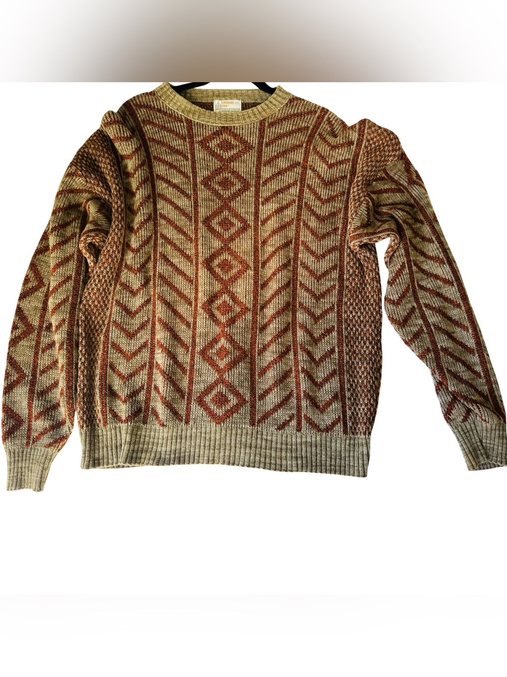 Vintage London Fog Men's Crewneck Sweater in Beige and Rust Pattern
